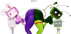 2girls ass bad_anatomy big_ass big_breasts big_butt black_body bow bow_ribbon bowtie bunny bunny_costume bunny_ear bunny_ears bunny_girl bunnysuit dandy's_world emoji erect_nipples exaggerated_anatomy exaggerated_proportions female female/female female_focus female_only green_clothing green_eyes green_skin holiday_special_vee humanoid large_butt led_light no_bra no_humans no_sex no_shirt no_skirt no_underwear oksaoksa panties pink_body pink_eyes pink_skin purple_clothing purple_pasties roblox roblox_game robot robot_girl robot_humanoid semi_clothed semi_nude shocking socks text tv tv_head tv_screen vee-ster_bunny_vee vee_(dandy's_world) white_face