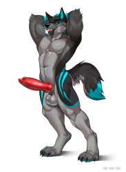 absurd_res animal_genitalia animal_penis anthro armpit_tuft balls biceps blue_eyes blue_hair blue_markings canid canine canine_genitalia canine_penis canis claws erection facial_markings flexing fur genitals grey_body grey_fur hair head_markings hi_res hive43 inner_ear_fluff knot male mammal markings matt_wolf muscular muscular_anthro muscular_male nude penis solo standing stretching teeth tongue tuft wolf