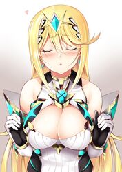 1girls bangs bare_shoulders blonde_hair breasts cleavage cleavage_cutout closed_eyes commentary_request daive dress earrings elbow_gloves erect_nipples female gloves gradient gradient_background grey_background heart highres hikari_(xenoblade_2) incoming_kiss jewelry large_breasts long_hair mythra nintendo pov_kiss solo swept_bangs tiara very_long_hair white_background white_dress white_gloves xenoblade_(series) xenoblade_chronicles_2 yellow_eyes