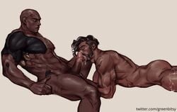 2boys ass bald beard black blackwatch_reyes blowjob brown_hair closed_eyes cum cum_in_mouth cum_on_body cum_on_leg cum_on_legs cum_on_lower_body cumdrip dark-skinned_male dark_skin doomfist eating_cum erect_penis erection eyes_closed facial_hair gay human human_only licking_cum lying male male_only multiple_males muscle muscles muscular muscular_male nude nude_male oral oral_sex overwatch penis reaper shiny_skin simple_background sitting toned toned_body toned_male white_background yaoi