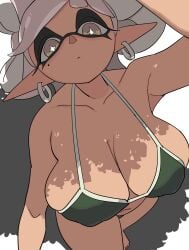 1girls big_breasts bikini boobs breasts domino_mask earrings eyelashes gold_eyes grey_hair huge_breasts inkling inkling_girl marie_(splatoon) mole_under_eye nintendo pointed_ears pointy_ears simple_background splatoon star_shaped_pupils tentacle_hair white_skin yuta_agc