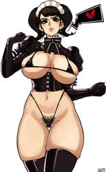 alecto_0 atlus becky_(persona) bondage_gear bra dominatrix female_only huge_breasts maid maid_uniform persona persona_5 pubic_hair sadayo_kawakami skindentation thick thick_thighs twintails