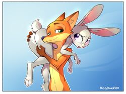 2020 anthro anthro_on_anthro ass blue_background border canid canine carrying disney duo female fox fur green_eyes grey_body grey_fur hand_on_ass hand_on_butt hi_res inner_ear_fluff judy_hopps lagomorph leporid long_ears male mammal nick_wilde nude orange_body orange_fur purple_eyes qrog rabbit shoulder_carry simple_background straight tuft white_border zootopia