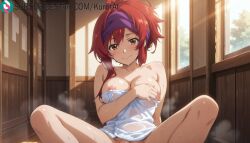 1girls ai_generated artist_name artist_signature blush breasts brown_eyes collarbone covering female female_only gotanda_ran hi_res high_resolution highres infinite_stratos kurutai looking_at_viewer medium_breasts nipples nude red_hair sitting smile solo steam subscribestar subscribestar_username towel uncensored wet