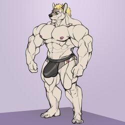 1:1 2020 abs anthro barazoku biceps big_bulge big_muscles blonde_hair bulge canid canine canis clothing daddy deltoids fur grey_body grey_fur hair male male_only mammal manly muscular muscular_anthro muscular_male navel nipples oldshep pecs quads simple_background solo standing underwear wolf