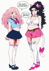 ai_generated bimbo black_hair blue_eyes cat_ears cat_girl cat_tail catgirl clarice_(sona) cloud_(friday_night_funkin) disgusted fnf fnf_mod fnf_mods friday_night_funkin friday_night_funkin_mod hazel_eyes lipstick menstrual_blood menstruation pink_hair schoolgirl_uniform