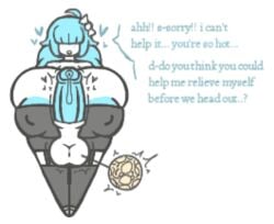 aplovestudio areola_slip balls_x-ray blue_hair dialogue erection futanari hair_covering_eyes huge_balls huge_breasts huge_cock huge_nipples hyper_breasts original_character pent_up solo_female sperm_cell text tiffany_(aplove) virile