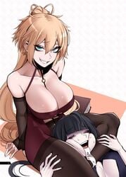 2girls asphyxia asphyxiation big_breasts blonde_hair clothed clothing drool drool_on_face drooling female female_focus grin j.k. pale_skin sweat thick_thighs thigh_crush white_skin