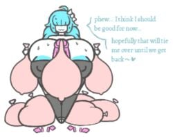 aplovestudio areola_slip blue_hair condom_balloon condom_filling condom_on_penis condom_wrapper cum dialogue ejaculation erection excessive_cum futanari hair_covering_eyes huge_balls huge_breasts huge_cock huge_nipples hyper_breasts original_character solo_female sweat text tiffany_(aplove)