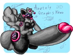 2026 4:3 anatoly_genghis_khan antennae_(anatomy) anthro balls big_balls big_penis colored digital_drawing_(artwork) digital_media_(artwork) english_text fur g-khan genitals grey_body grey_fur huge_balls huge_cock hyper hyper_balls hyper_genitalia hyper_penis machine male nude penis protogen protogen_armor protogen_visor shaded signature simple_background sitting smile solo tail text tongue tongue_out