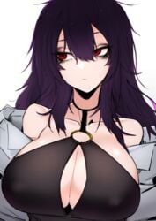 1girl 1girls big_breasts black_hair breasts cleavage female female_only j.k. light-skinned_female light_skin long_hair nipple_bulge nipples purple_hair red_eyes