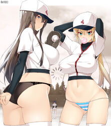 3girls aqua_eyes arm_behind_back arms_up ass astroguy2 bangs baseball_cap baseball_uniform belt belt_buckle black_hair blonde_hair blue_sky breasts brown_hair bubble_blowing buckle chewing_gum cloud day erect_nipples eyebrows_visible_through_hair female fence field frown grey_eyes hat high_resolution impossible_clothes large_breasts long_hair multiple_girls navel nipples original outdoors panties pine_tree ponytail shirt short_shorts shorts sideboob sky sportswear standing thighhighs thighs tied_hair tree white_legwear white_shirt