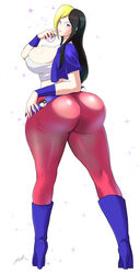 1girls ass big_ass big_breasts blue_eyes female female_only huge_ass large_breasts long_hair original_character pokeball pokemon sideboob thick_thighs tight_pants two_tone_hair wide_hips zetarok