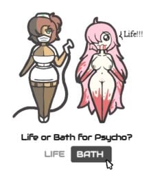 2girls aplovestudio big_breasts blood_stain long_hair looking_at_viewer mouse_cursor nude nurse_uniform original_characters pink_hair pleading text user_interface water_hose