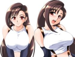 1990s_(style) 1girls 2004 blush breasts brown_hair cleavage final_fantasy final_fantasy_vii human human_female large_breasts light-skinned_female lockhart non-web_source open_mouth retro_artstyle smile square_enix suspenders tank_top tifa tifa_lockhart tifa_lockhart_(1997) toushi_ryoku