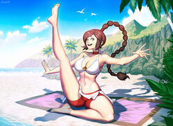 1girls abs alternate_breast_size armpit arms_out avatar_the_last_airbender balancing bare_shoulders barefoot beach belly big_breasts bikini braid braided_hair brown_hair busty choker cleavage clothing cute erect_nipples feet female_only fire_nation flexible flowing_hair foot_up fully_clothed genzoman grey_eyes hands hourglass_figure large_breasts long_hair looking_at_viewer midriff navel nickelodeon nipple_bulge nipples_visible_through_clothing one_leg_up playful rock seaside shadow short_shorts skirt smile solo swimsuit thick_thighs towel ty_lee voluptuous