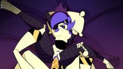 1boy 1girls beanie beanie_hat bed bedroom blushing breasts grabbing_legs holding_pillow intercourse male/female murder_drones n_(murder_drones) penis_in_pussy pillow purple_breasts purple_eyes purple_hair sex sharp_teeth small_breasts straight straight_sex tail thighs uzi_(murder_drones) vaginal_sex yellow_cock zzmaverickzz