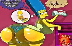 blue_hair breasts homer_simpson kurvylass male marge_simpson milf mother name_drop nipples_visible_through_clothing pantyshot pizza text the_simpsons watermark