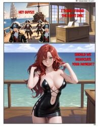 ai_generated black_dress cleveage comic green_eyes league_of_legends miss_fortune red_hair sea ship suprised_expression