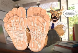 5_toes accessory anthro antlers arm_hair barefoot beard black_clothing black_eyes black_facial_hair blue_eyes bodily_fluids body_hair book bottomwear brown_body brown_eyes brown_fur clothed clothing countershading crossed_arms cum cum_on_feet deer desk dialogue english_text facial_hair feet flufflecraft foot_fetish foot_focus fur furniture genital_fluids hair hi_res horn humanoid_feet inside looking_at_viewer male male_anthro mammal mature_male multicolored_body mustache necktie office pants plantigrade shirt sitting smile soles solo speech_bubble table talking_to_viewer tan_body teacher text toes topwear white_clothing white_shirt white_topwear wrinkled_feet wrinkles