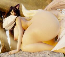 1girls 3d 3d_(artwork) ahri dumptruck_ass forest fox_ears fox_girl fox_tail huge_ass kemonomimi kitsune kumiho large_breasts league_of_legends looking_at_viewer multiple_tails nude nude_female riot_games skulrot99 teasing thick_thighs vastaya yellow_eyes