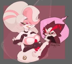 angel_dust angel_dust_(hazbin_hotel) anthro arachnid arthropod blush blush_lines breast_play breast_size_difference breasts cat_demon demon duo exposed_breasts felid feline foxyffox foxylovescoke furniture general:scotch handjob hazbin_hotel hellaverse hi_res humanoid husk_(hazbin_hotel) kisses male male/male mammal pubes public sex spider spider_demon spotlight spotlight_beam table titjob