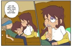 1boy 1girls age_difference aged_up blowjob brother brother_and_sister cum cum_in_mouth cum_on_face cumming cumming_in_mouth cumshot deepthroat dialogue female lemy_loud lyra_loud male redkaze sister sofa speech_bubble the_loud_house