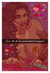 arm_tattoo bangle bed bed_sheet bedding bedroom_eyes big_breasts blue_eyeshadow body_jewelry breasts brown_hair colored_nails deity ear_piercing ear_ring eyebrow_piercing eyeshadow facial_piercing female flower furniture gold_(metal) gold_jewelry hair heart_symbol hizrihel_(artist) holding_flower holding_object holding_rose holidays hoop_ear_ring human jewelry jewelry_only lips looking_at_viewer lying makeup mammal masahir_(hizrihel) nails narrowed_eyes nipple_piercing nipples nude on_bed on_front pattern_background piercing plant postcard ring_piercing rose_(flower) seductive simple_background snapchat solo spanish_text sparkles tanned_skin tattoo text text_box thick_lips valentine's_day valentine's_day_card wavy_hair yellow_eyes