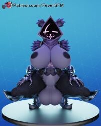 2024 3d_(artwork) anthro areola balls bear big_balls big_breasts big_penis breasts claws clothing crouching digital_media_(artwork) epic_games eye_scar facial_scar feversfm fingers fortnite futanari genitals gloves gynomorph gynomorph_anthro handwear hi_res huge_breasts humanoid_genitalia humanoid_penis intersex intersex_anthro mammal nipples penis purple_balls purple_body purple_hood purple_penis raven_team_leader scar solo spread_legs spreading text url