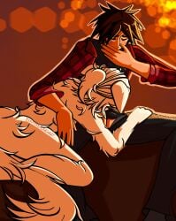 2boys anthro anthro_on_human art_request batteryacidcandy blowjob blush brown_hair closed_eyes dog_ears dog_tail gay half-dressed interspecies kemonomimi mouth_covered requested roblox roblox_avatar robloxian self_upload tail unzipped_pants warm_colors warm_lighting watermark white_fur white_hair yaoi