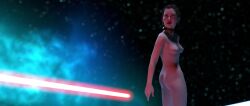alexbridger ass braided_hair braided_ponytail brown_eyes brown_hair bubble_butt enslaved_royal female female_only lightsaber long_hair looking_back medium_breasts naked nude nude_female perky_breasts princess_leia_organa slave slave_collar slave_girl slave_leia star_wars world_between_worlds