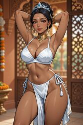 1girls ai_assisted ai_generated architecture armpit_crease armpits arms_behind_head bangle belly_button bindi black_hair blurry_background cleavage dark-skinned_female dark_skin earrings eyelashes female grok hair_bun hourglass_figure indian indian_female large_breasts lipstick loincloth midriff narrow_waist necklace no_panties pelvic_curtain pelvic_line rgomez007 self_upload side-tie_clothing slender_body smiling_at_viewer solo_female temple temple_background thick_outline thick_thighs tiara updo warm_colors warm_lighting white_clothing wide_hips