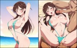 1girls 2boys ai_generated beach_sex big_breasts bikini_top breasts_out_of_bikini cheating kanojo_okarishimasu micro_bikini missionary_position mizuhara_chizuru oral pleasure_face ponchoman smiley_face