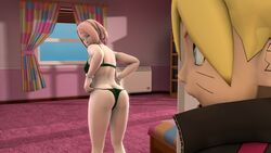 1boy 1girls 3d age_difference ass blonde_hair blue_eyes boruto:_naruto_next_generations bra bracelet bracelets cheating cheating_wife clothed clothing female forehead_jewel forehead_mark g-string green_bra green_eyes green_panties headband indoors lingerie locopo looking_back male male/female mature mature_female milf naruto naruto_(series) netorare ntr older_female older_woman_and_younger_boy open_mouth panties pink_hair pose posing revealing_clothes sakura_haruno seductive seductive_look short_hair standing thong underwear uzumaki_boruto walk-in walking whisker_markings whiskers younger_male