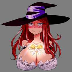 asphyxiation between_breasts big_breasts blush dragon's_crown huge_breasts long_hair looking_at_viewer matsu-sensei red_eyes red_face smothering sorceress_(dragon's_crown) sweat tiki_(dragon's_crown) witch_hat