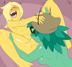 2girls adventure_time blonde_hair blush breasts bronwyn cap cartoon_network closed_eyes cunnilingus dezz female female/female female_only green_eyes green_hair green_skin hand_on_leg head_grab heart heart-shaped_pupils hourglass_figure huntress_wizard leg_lock looking_pleasured lying lying_on_bed mask medium_breasts moaning multiple_girls nude nude_female older_female on_bed open_mouth oral oral_sex orgasm_face pleasure_face pussy pussy_juice source_request spread_legs thick_thighs thighs trembling year_request yellow_skin younger_female yuri