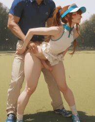 2boys ai_generated anal anal_sex bent_over biting_lip brown_hair closed_eyes doggy_style dress dress_lift faceless_male femboy feminine_male golf_course golf_outfit hannai hip_grab male male_only otoko_no_ko penis pleated_dress polo_shirt ponytail precum sex_from_behind size_difference sneakers standing standing_doggy_style standing_sex testicles trap visor white_dress yaoi