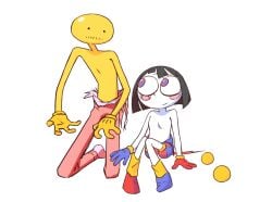 1girl1boy 2d big_eyes breasts breasts_out clothed clothes domnirch female gloves jax_(the_amazing_digital_circus) looking_at_another male peeled_jax peeling peeling_skin pomni_(the_amazing_digital_circus) short_hair sitting sketch skinned skinned_male the_amazing_digital_circus topless torn_clothes white_skin yellow_skin