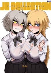 2girls ahoge big_breasts blonde_hair blue_eyes blush button_gap disgusted fate/apocrypha fate/grand_order fate_(series) female_only j.k. jeanne_alter jeanne_d'arc_(fate) jeanne_d'arc_(fate)_(all) school_uniform silver_hair smug tagme white_shirt yellow_eyes