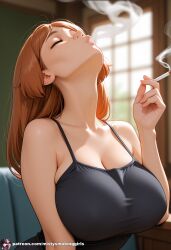 ai_generated bbw big_breasts blowing_smoke chubby cigarette cigarette_in_hand cigarette_smoke cleavage large_breasts red_hair redhair redhead_female seductive seductive_eyes seductive_look sexy sexy_pose short_hair smoke_from_mouth smoking smoking_cigarette smoking_fetish smoking_tobacco solo_female