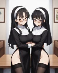 2girls ai_generated bangs big_breasts black_hair black_stockings blush breasts brown_eyes curtains female glasses hairclip high_school_dxd hugging hugging_another hugging_partner hugs indoors large_breasts lesbian lesbian_couple lesbians long_hair looking_at_viewer notreallyhere nun nun's_habit nun_habit nun_hat nun_outfit parted_bangs remake remastered shinra_tsubaki short_hair smile sona_sitri standing stockings violet_eyes yuri