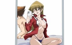 1boy1girl after_sex alexis_rhodes asuka_tenjoin big_breasts blonde_female blonde_hair blonde_hair_female blush blush_lines breasts cleavage dark_blonde_hair edited female_focus fixed_version half-dressed hazel_eyes jacket jaden_yuki long_hair male/female male_in_background mirror mirror_selfie navel no_bra one_eye_closed open_jacket partial_male partially_clothed partially_clothed_female phone posing posing_for_picture school_uniform selfie sketchintheshade smiling sweating sweaty sweaty_body taking_picture taking_selfie tenjouin_asuka thong wearing_others_clothes wearing_partner's_clothes wink winking yu-gi-oh! yu-gi-oh!_gx yuki_judai yuuki_juudai