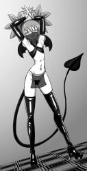 armpits arms_up bat_bastard bat_wings black_and_white dancing dancing_class_outfit demon_girl demon_tail disgaea disgaea_1 etna facemask flat_chest flat_chested gloves high_heel_boots latex manga_style pierced_belly_button simple_background smiling_at_viewer thick_thighs thong