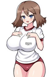 1girls big_breasts bloomers blue_eyes brown_hair buruma chro female gym_uniform large_breasts may_(pokemon) medium_hair nintendo pale-skinned_female pale_skin pokemon pokemon_rse thick_thighs thighs white_background