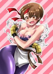 1girls art_of_fighting belt black_gloves bra brown_eyebrows brown_eyes brown_hair covering covering_breasts curvy curvy_body curvy_figure defeated embarrassed eyebrows gloves headband hips japanese_text king_of_fighters light-skinned_female open_mouth pink_bra red_headwear short_hair simple_background snk solo solo_focus spandex spandex_pants thick_thighs tongue torn_clothes torn_shirt yuri_sakazaki