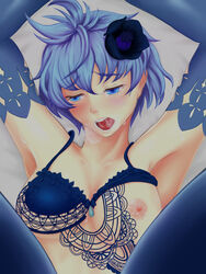 1girls ambiguous_penetration arms_above_head bed blue_eyes blue_hair clothed_female clothed_sex drag-on_dragoon drag-on_dragoon_3 drakengard drakengard_3 exposed_breasts first_person_view flower hair_ornament implied_sex light_skin missionary_position on_back pov short_hair small_breasts square_enix sweat two_(drag-on_dragoon) two_(drakengard)