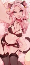 1girls animal_ears ass bed belle_delphine belly black_bra black_legwear black_panties black_thighhighs black_thong black_underwear blush bra breasts brown_eyes budding_breasts cap cat_ears cat_tail clothing cowboy_shot curly_hair curvy female female_only female_solo garter_belt garter_straps hand_on_hip high_resolution hips large_ass legs_together lingerie long_hair long_sleeves looking_at_viewer looking_back matching_underwear merunyaa midriff navel on_back on_bed open_mouth original panties pink_hair pose real_person smile solo strappy_bra tail thick_thighs thighhighs thighs tied_hair underwear wide_hips