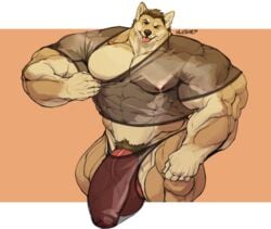 2020 abs anthro balls biceps big_balls big_muscles big_penis brown_hair canid canine canis clothing domestic_dog flaccid genitals hair huge_balls huge_cock huge_muscles humanoid_genitalia humanoid_penis hyper hyper_balls hyper_genitalia hyper_muscles hyper_penis looking_at_viewer male male_only mammal muscular muscular_anthro muscular_male navel nipples oldshep one_eye_closed pec_squish pecs penis pubes quads shiba_inu shirt simple_background smile solo spitz squish standing thick_thighs tongue tongue_out topwear translucent translucent_clothing translucent_topwear translucent_underwear uncut underwear vein veiny_penis wink yellow_body