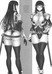 ass bikini_armor black_hair cleavage dat_ass elf elf_ears female french_text from_behind glasses iruma_kamiri k-on! large_breasts long_hair monochrome pointy_ears skimpy_clothes smiling sword the_elder_scrolls thong translated