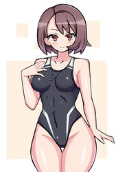 1girls breasts brown_hair chro eye_contact female gloria_(pokemon) looking_at_viewer nintendo one-piece_swimsuit pale-skinned_female pale_skin pokemon pokemon_ss red_eyes short_hair swimsuit thick_thighs thighs white_background